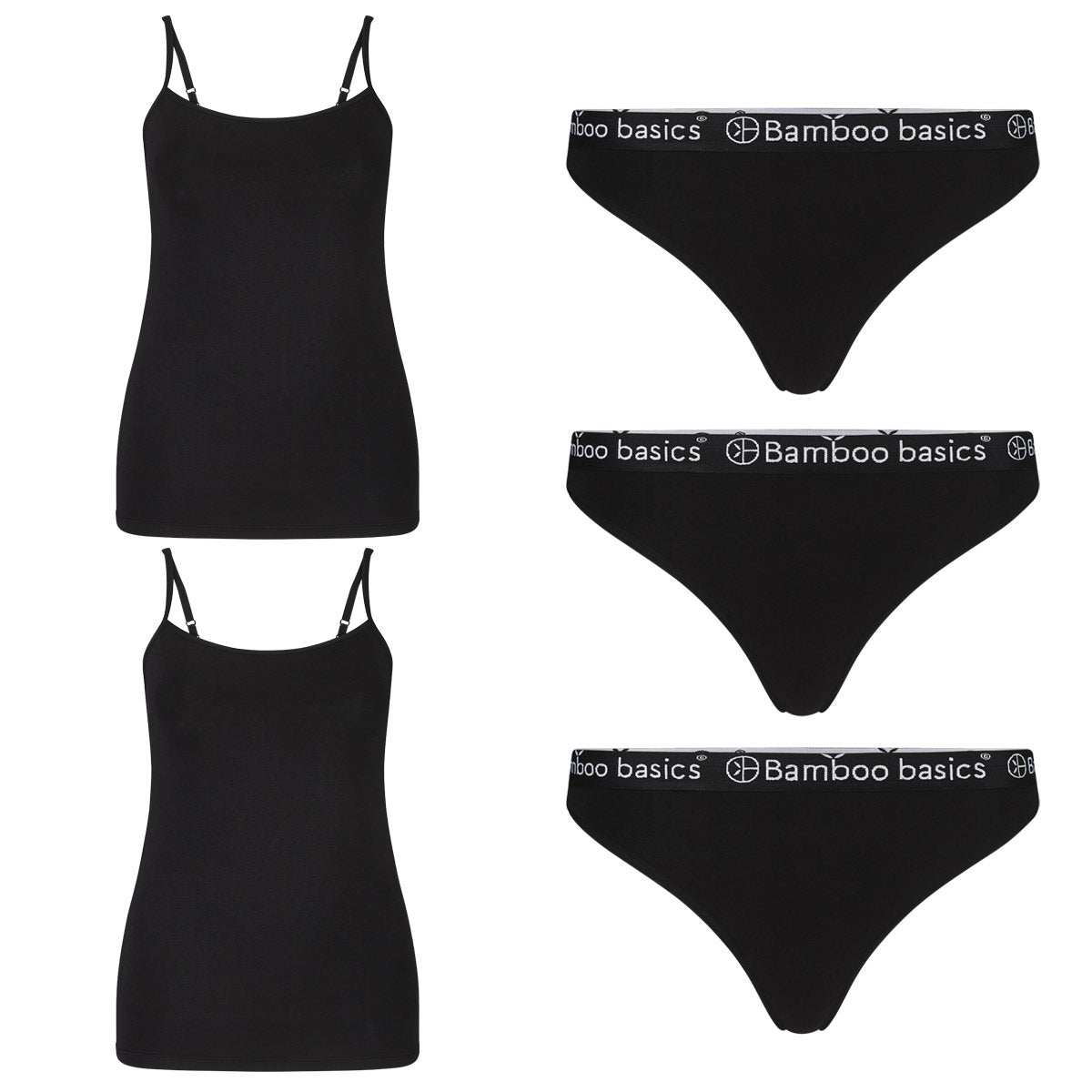 Bamboo Basics Voordeelbundel: Spaghetti Tops  + Strings  – Zwart - pack shot
