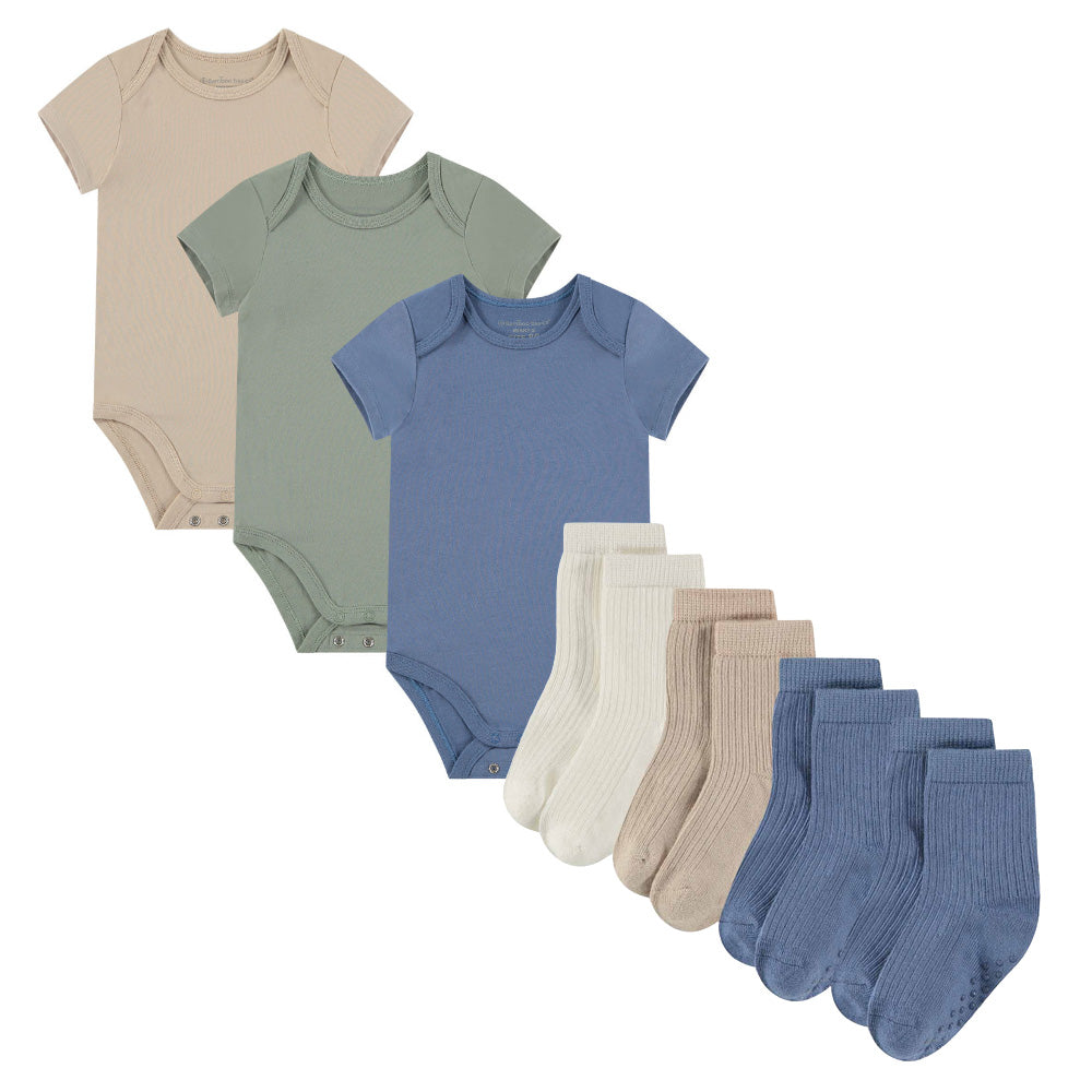 Voordeelbundel: Rompers en sokjes - blauw en beige
