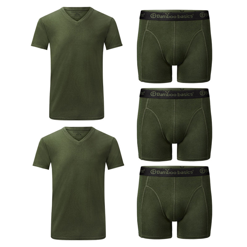 Bamboo Basics Voordeelbundel: T-shirts V-hals  + Boxershorts  - ARMY - pack shot