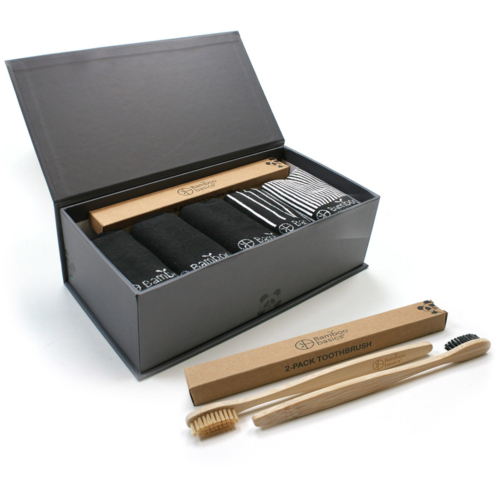 Luxus-Geschenkpaket Socken Beau (5er-Pack) – Schwarz + 2 Bambus-Zahnbürsten!